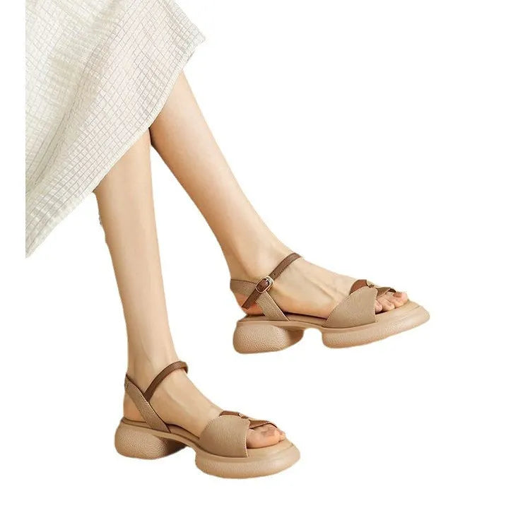 Women's beige platform sandals with chunky heel and open toe design