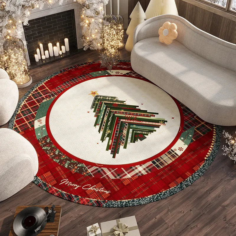 Red Christmas-themed round polyester floor mat with non-slip base on a living room floor.
