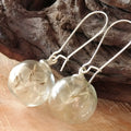 Transparent glass ball earrings with dandelion seed design on silver French hooks
