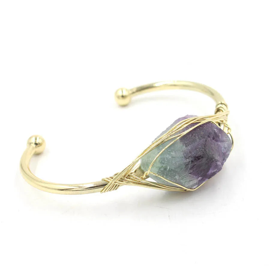 Natural raw gemstone winding bracelet with 8mm crystals in ethnic unisex design