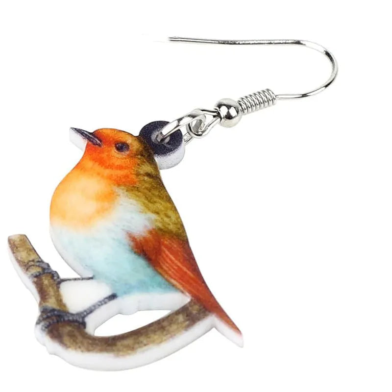 Blue titmouse pendant drop earrings with geometric animal zodiac snake designs printed on acrylic