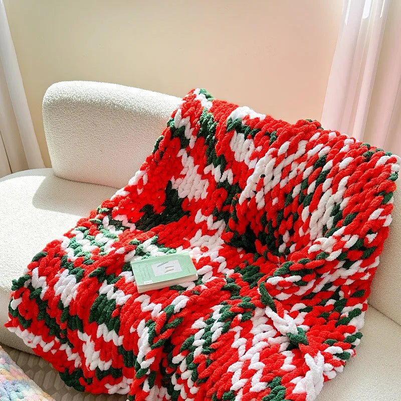 Handmade chenille blanket with striped pattern from section dyeing in 130x170cm size