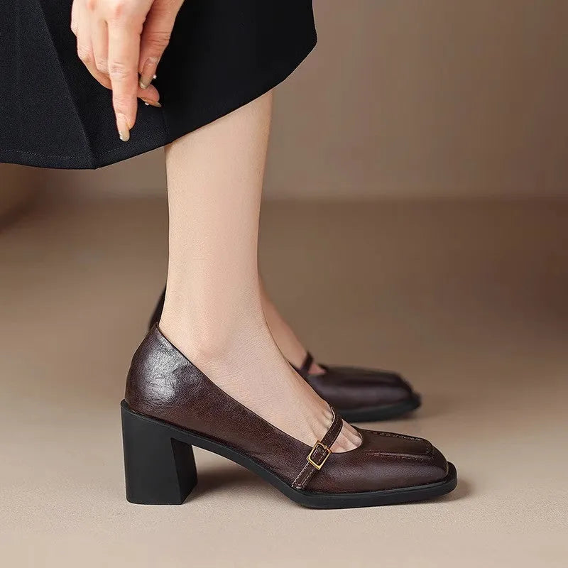 Women's retro square toe high heel pumps in black or dark brown with buckle fastening, sizes 35-40