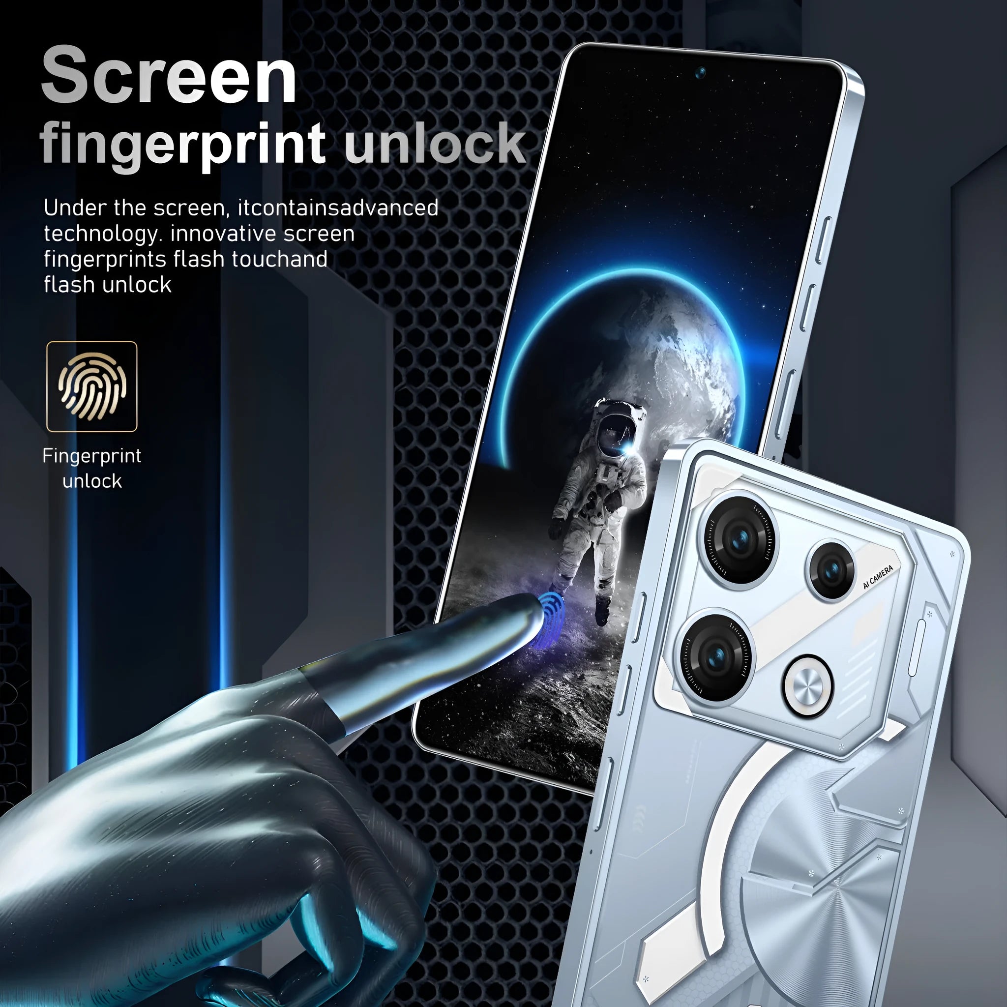 GT10 Pro Android smartphone with straight plate design in blue or silver colour with power adapters