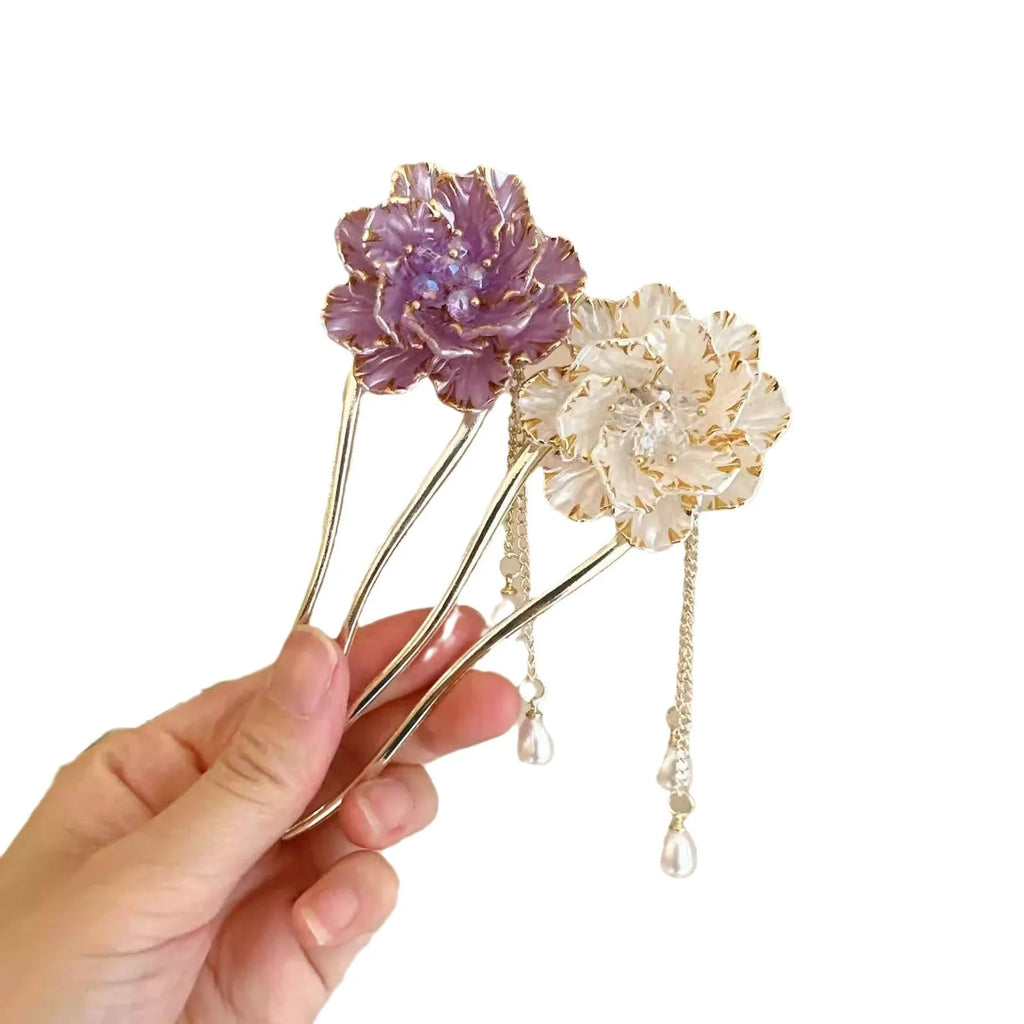 Purple and white alloy peony U-shaped hairpin with retro pastoral styling