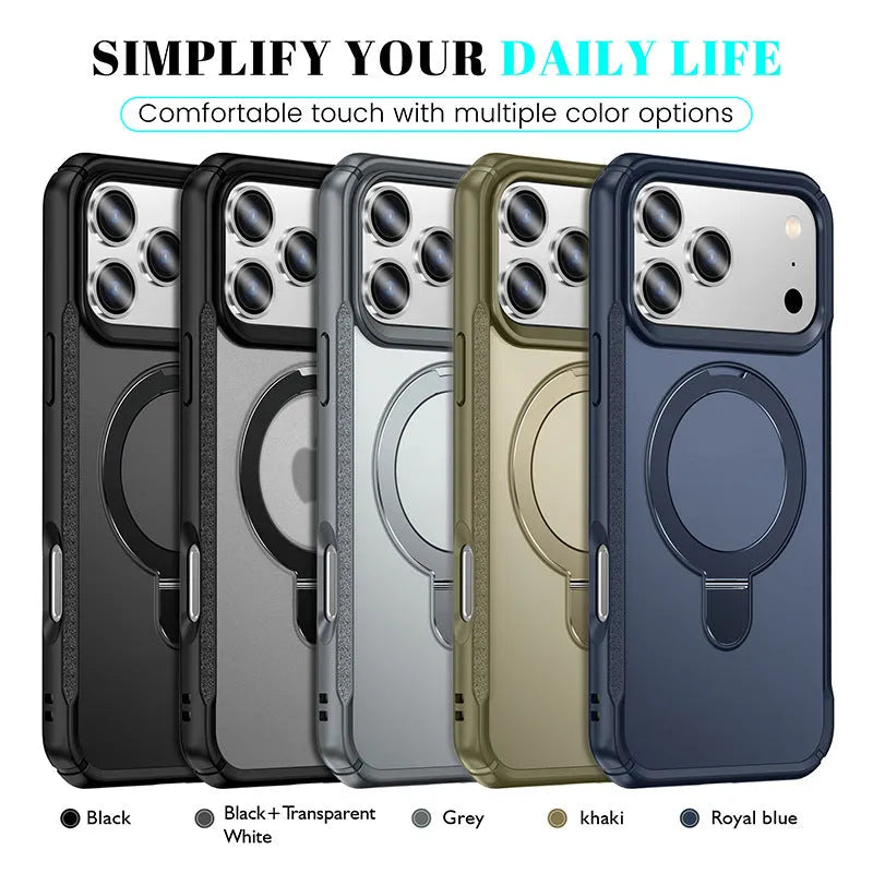 Metal magnetic bracket drop-resistant PC phone case for Samsung and iPhone, black frosted finish with integrated kickstand