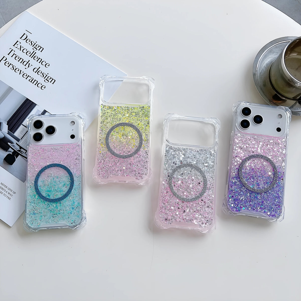 Glitter magnetic TPU phone case for iPhone 16 Pro in yellow pink colour, frosted finish, all-inclusive drop-resistant cover