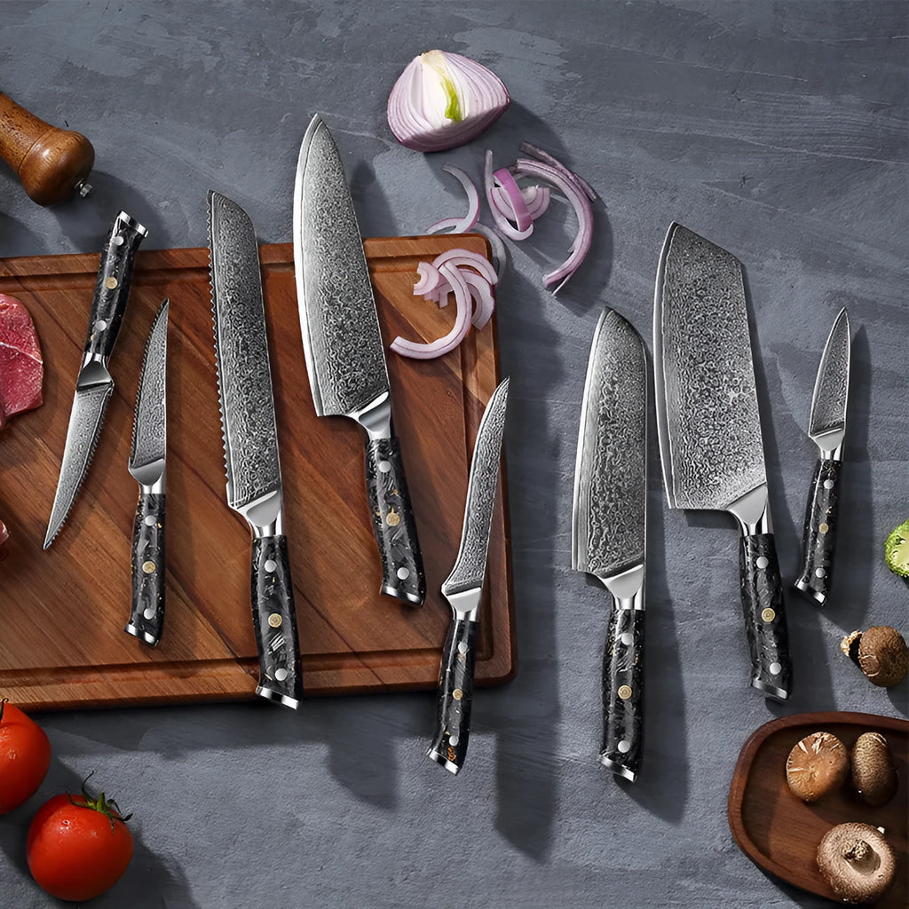 Damascus kitchen knife set 67-layer steel 8-piece collection with fishbone pattern