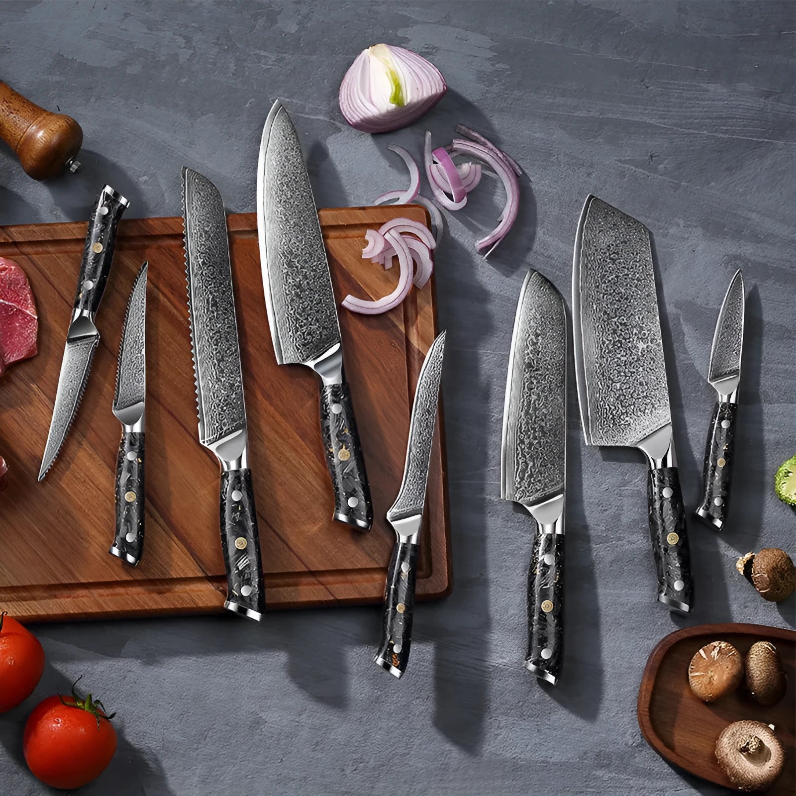 Damascus kitchen knife set 67-layer steel 8-piece collection with fishbone pattern