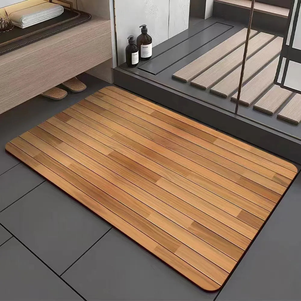 Square American-style wood grain geometric pattern floor mat for bathroom entrance.
