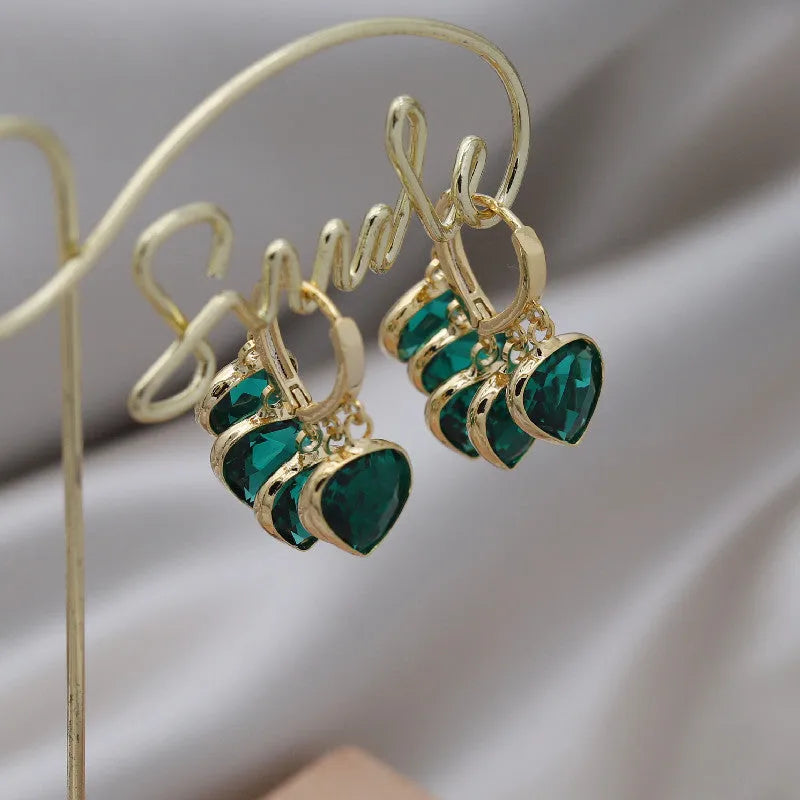 Green heart-shaped pendant ear clip earrings in Korean style for women