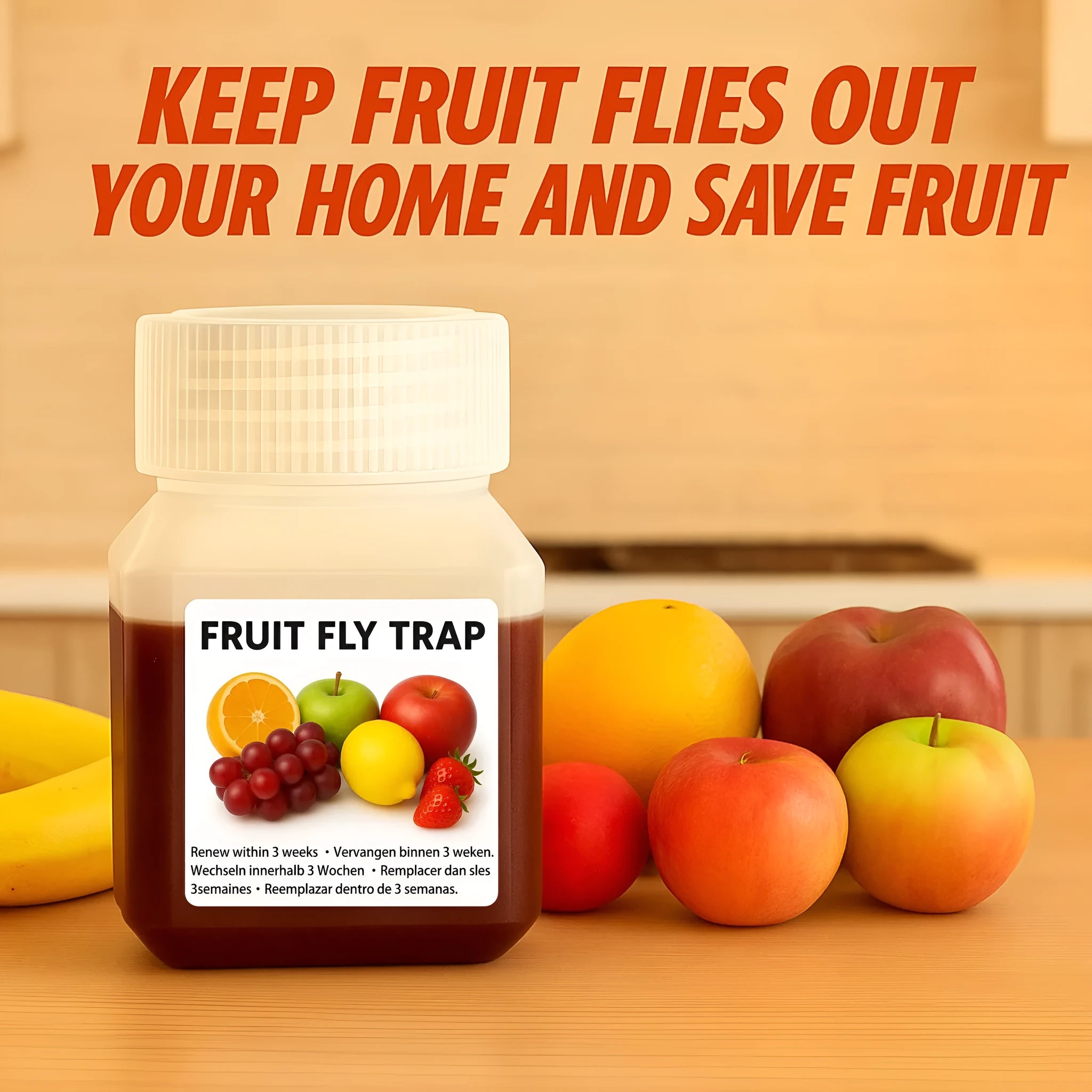 Bottle of fruit fly bait liquid for trap refills with SK003 formula