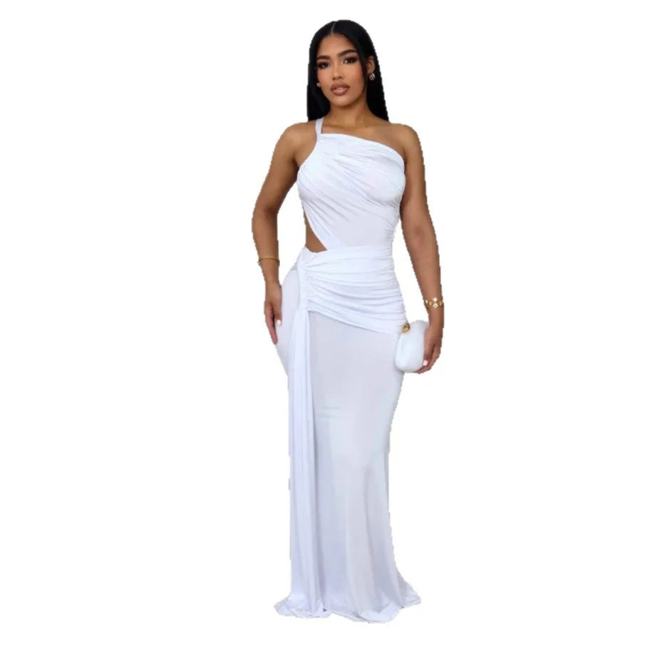 Women's one shoulder pleated dress in milk silk polyester fabric in white, orange or green