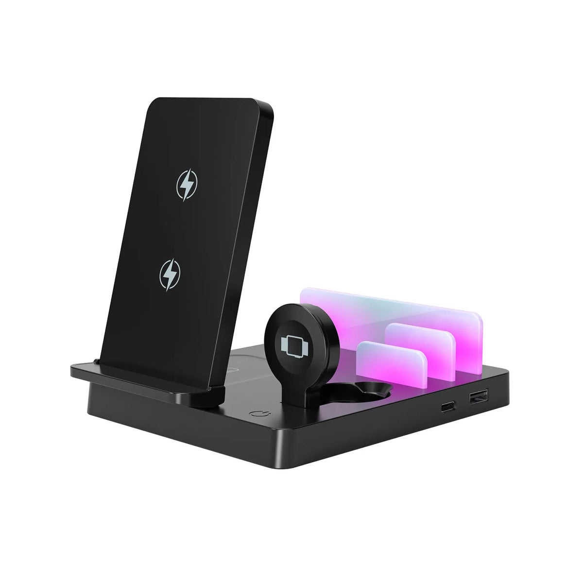 New five-in-one desktop multi-function magnetic charger in black with plastic and alloy construction