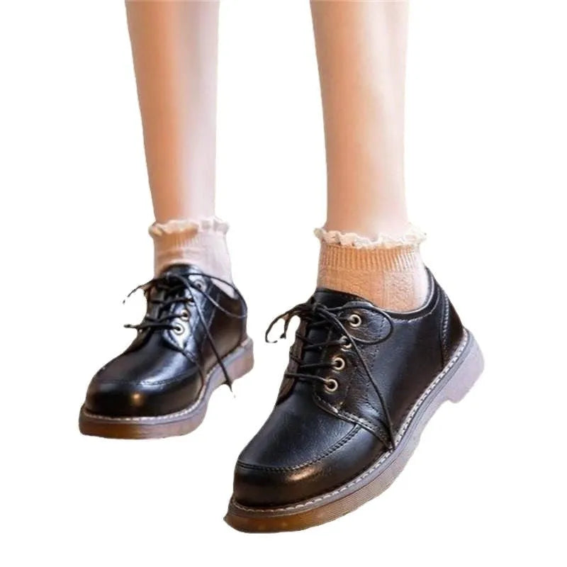 Women's preppy style Mary Jane pumps with round toe and front lace-up in black and brown