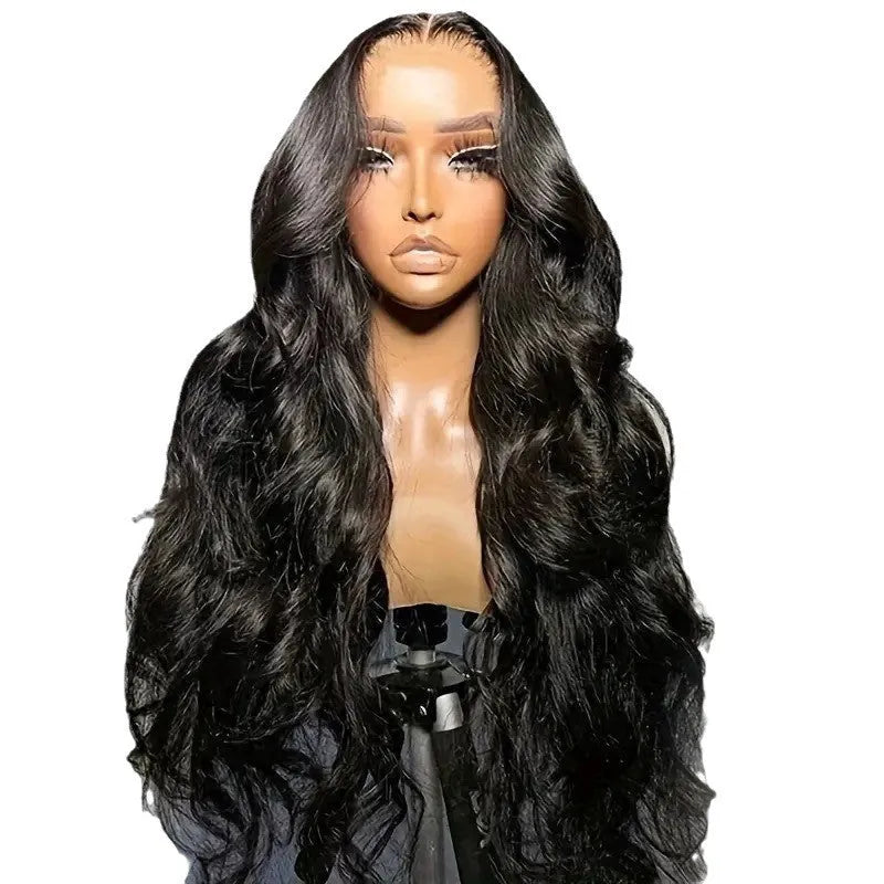 Black synthetic wig with large waves on a mannequin head, showing lace front detail.