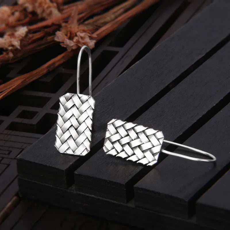 925 sterling silver woven diamond plaid geometric earrings measuring 17.5mm by 11mm