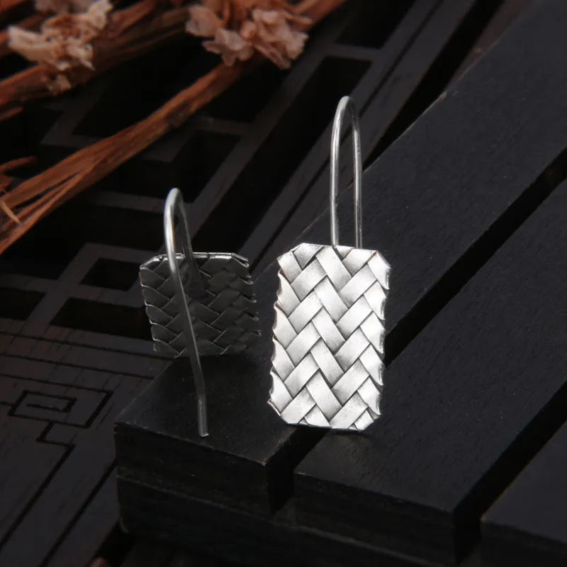 925 sterling silver woven diamond plaid geometric earrings measuring 17.5mm by 11mm