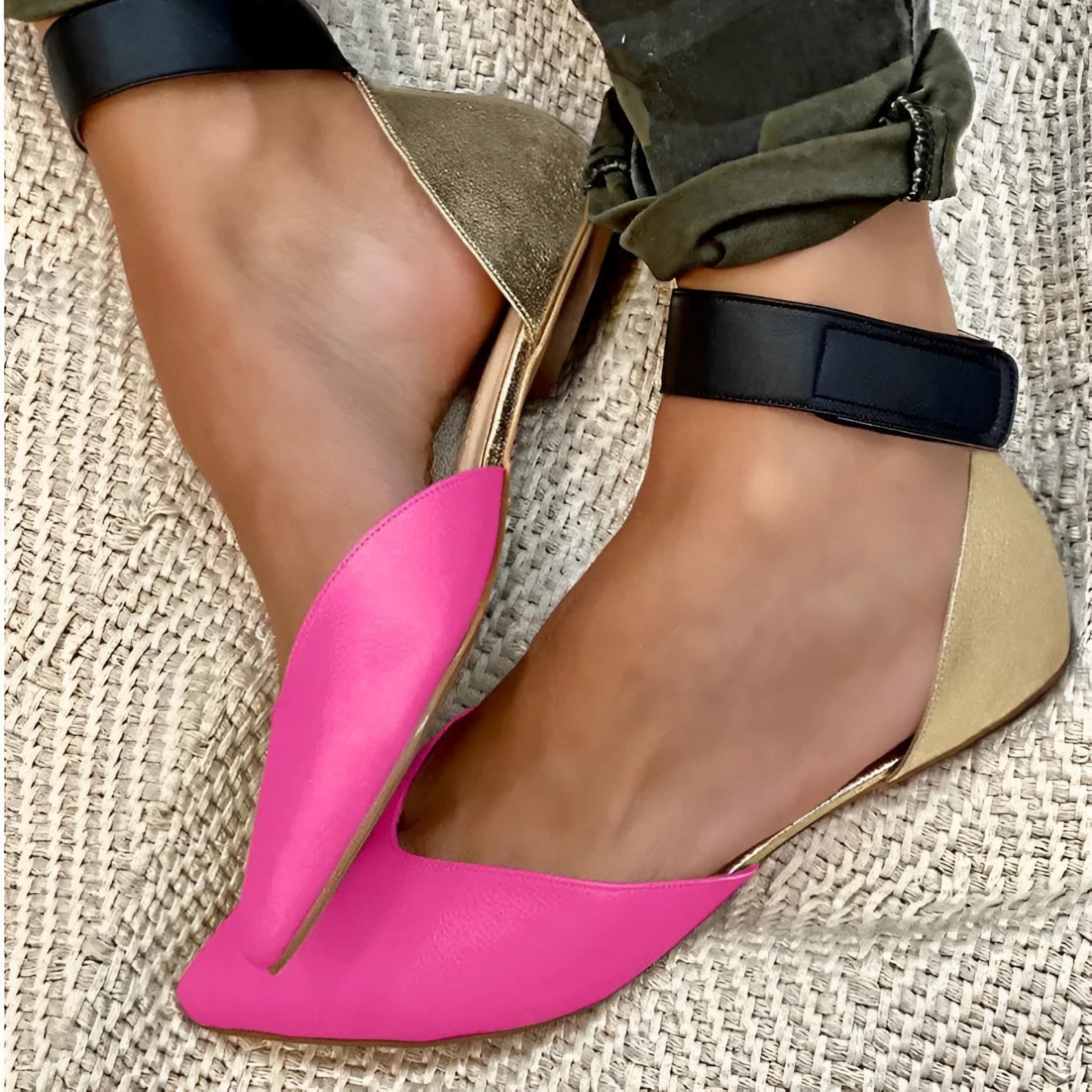 Women's hollowed velcro sandals in PU material showing adjustable straps and flat heel design