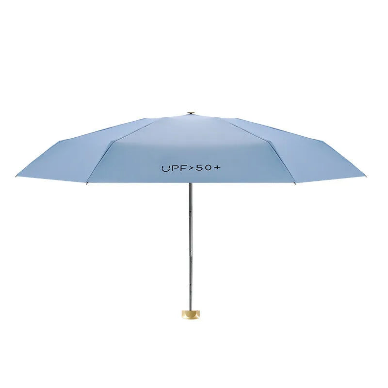 Closed five-fold compact sun umbrella with a rubber handle, shown in a selection of colours including black, yellow, green, and pink.