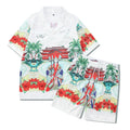 Plaid printed beach outfit set including short sleeve shirt and trousers for men and women