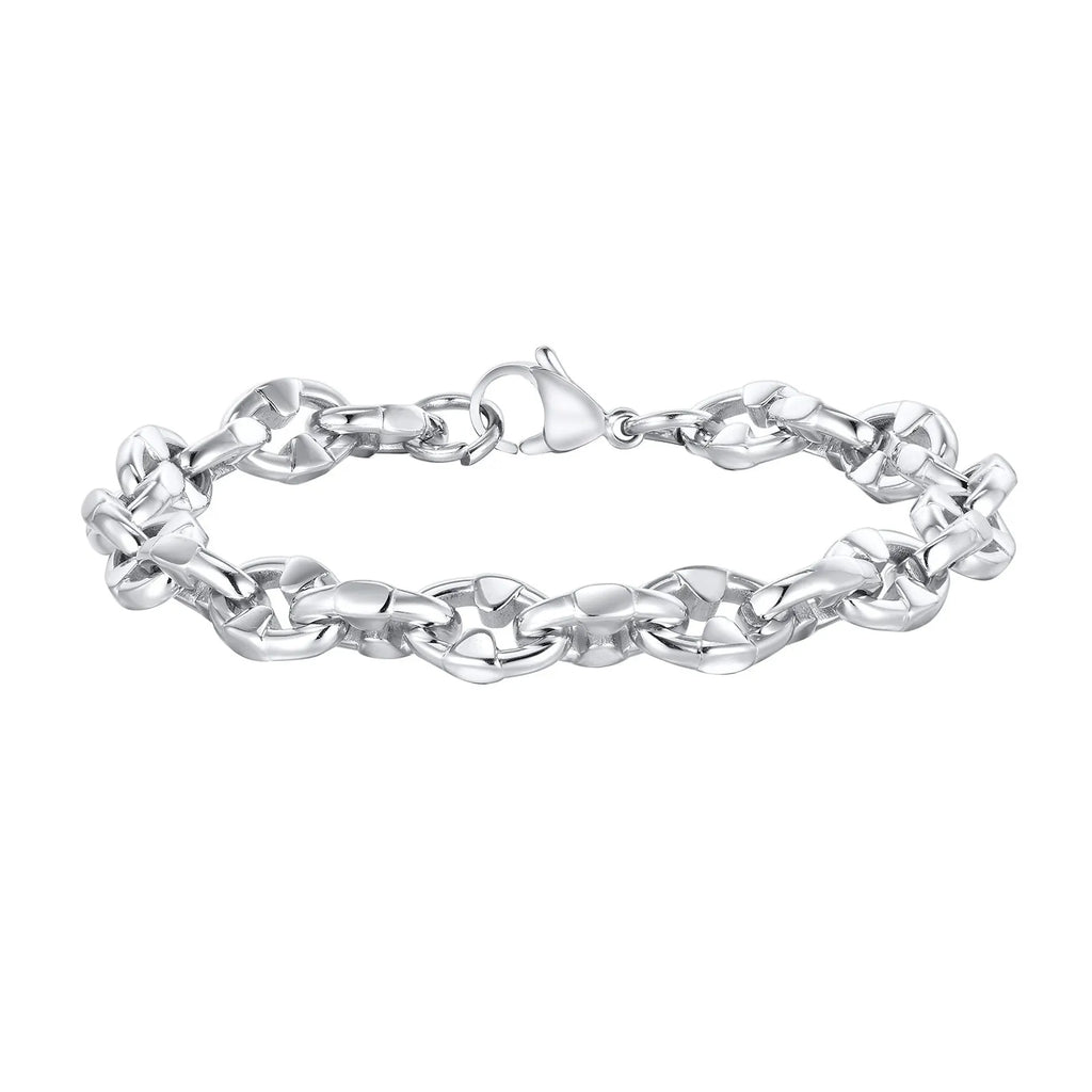 A thick, geometric stainless steel chain bracelet shown on a wrist, highlighting its handmade links and steel colour.