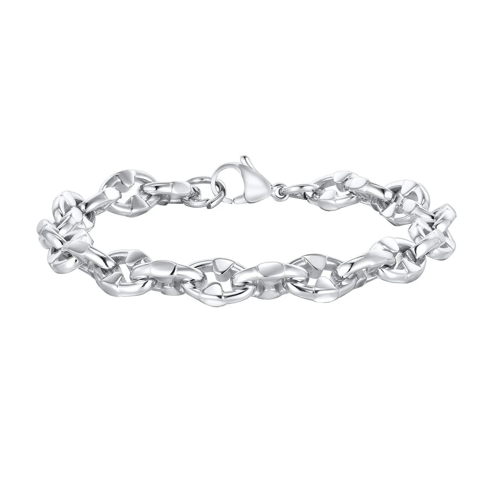 A thick, geometric stainless steel chain bracelet shown on a wrist, highlighting its handmade links and steel colour.