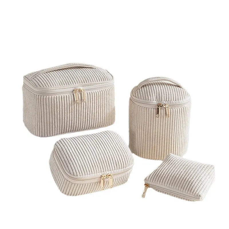 Flannelette makeup bag four-piece set in cube style, shown in pink, khaki, pink dots, and blue with dots colour options