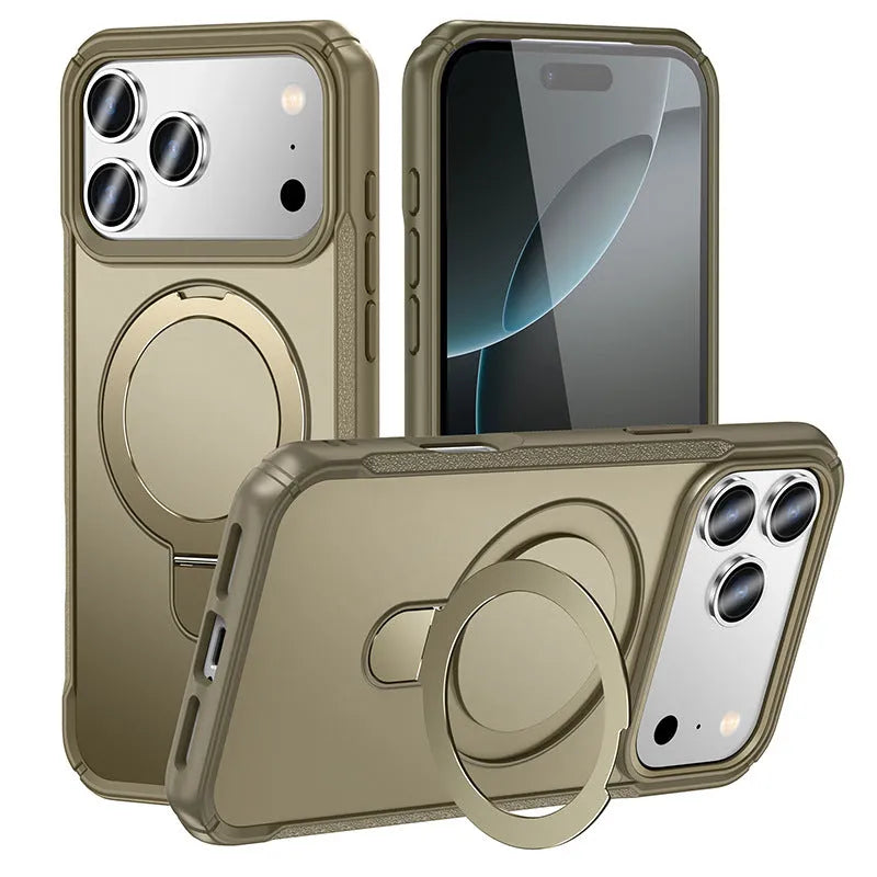 Metal magnetic bracket drop-resistant PC phone case for Samsung and iPhone, black frosted finish with integrated kickstand