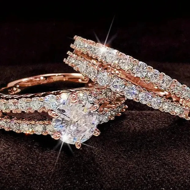 Geometric 2 in 1 fully-jewelled female ring set in silver, gold, and rose gold colour options.