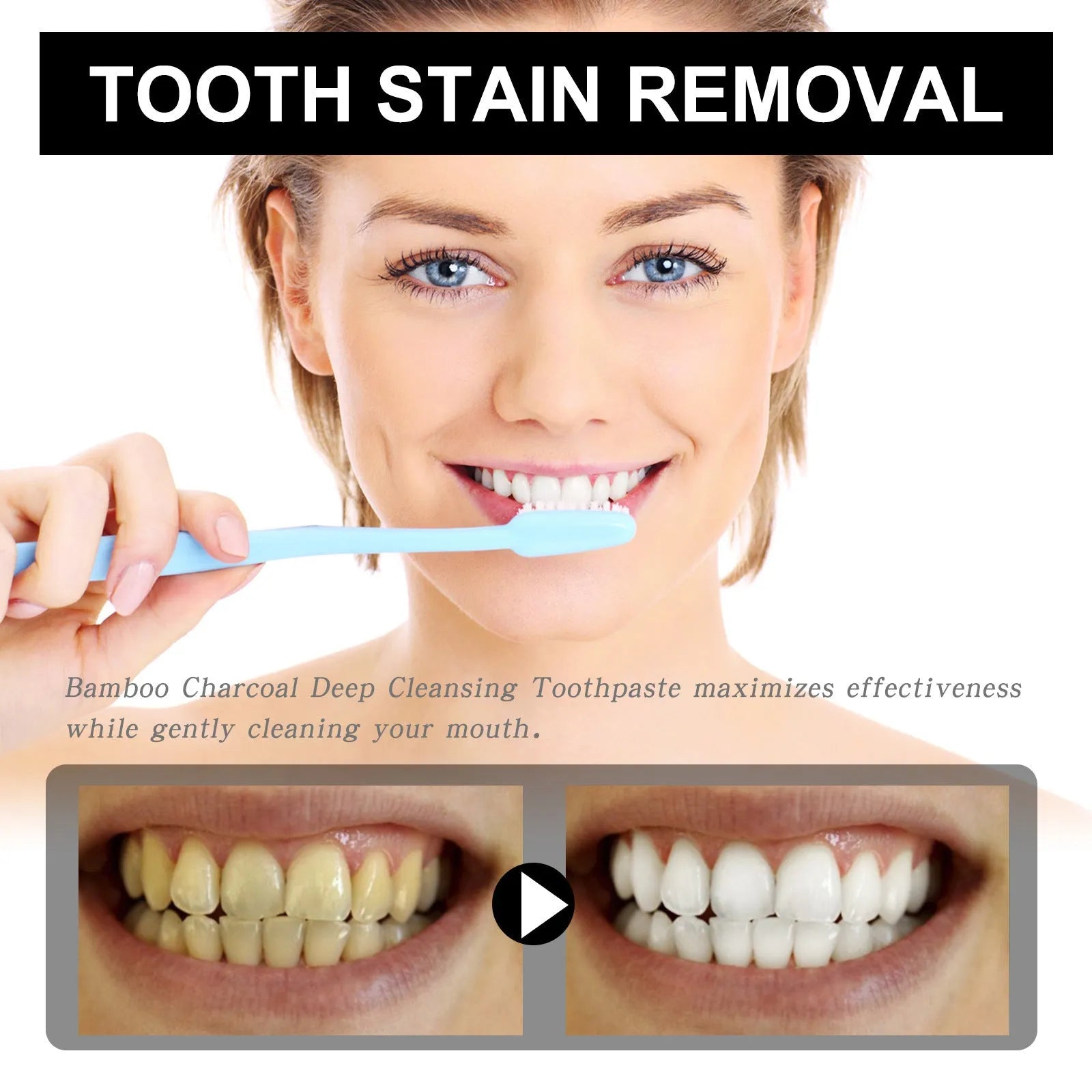 30ml tube of bamboo charcoal bright white stain removing toothpaste on a white background.