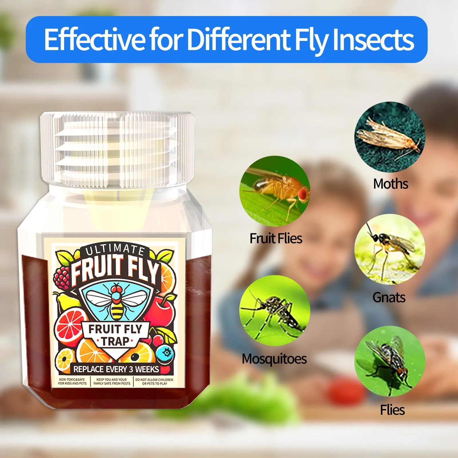 Bottle of fruit fly bait liquid for trap refills with SK003 formula