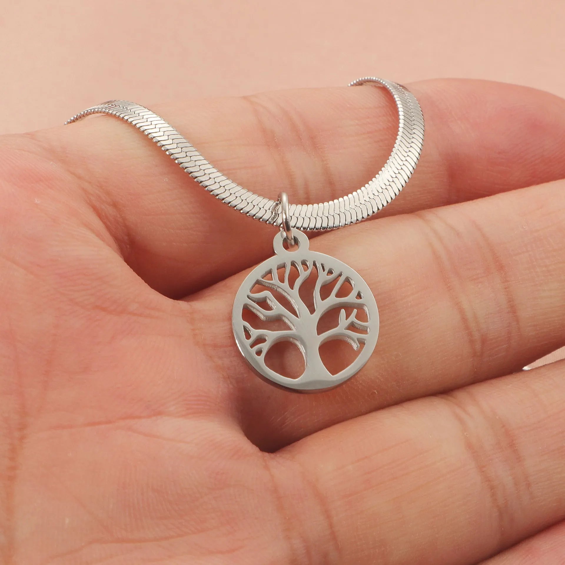 Stainless steel chain necklace with U-shaped lucky tree pendant in gold or steel colour options