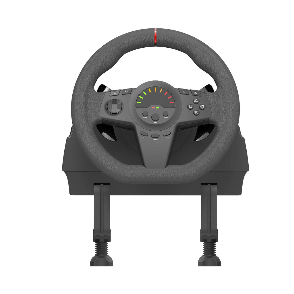 Black multi-platform gaming steering wheel with two pedals, vibration feedback, and manual mounting bracket