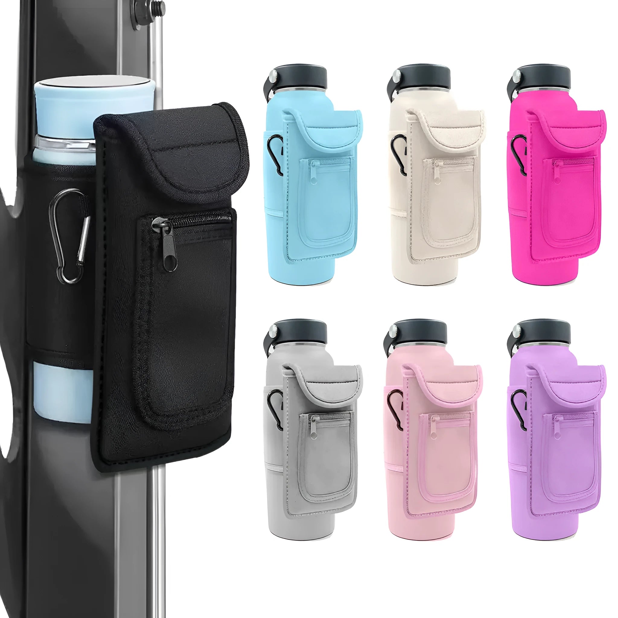 Cloth cup sleeve for sports bottle with magnetic and carabiner clip closure options in various colours.