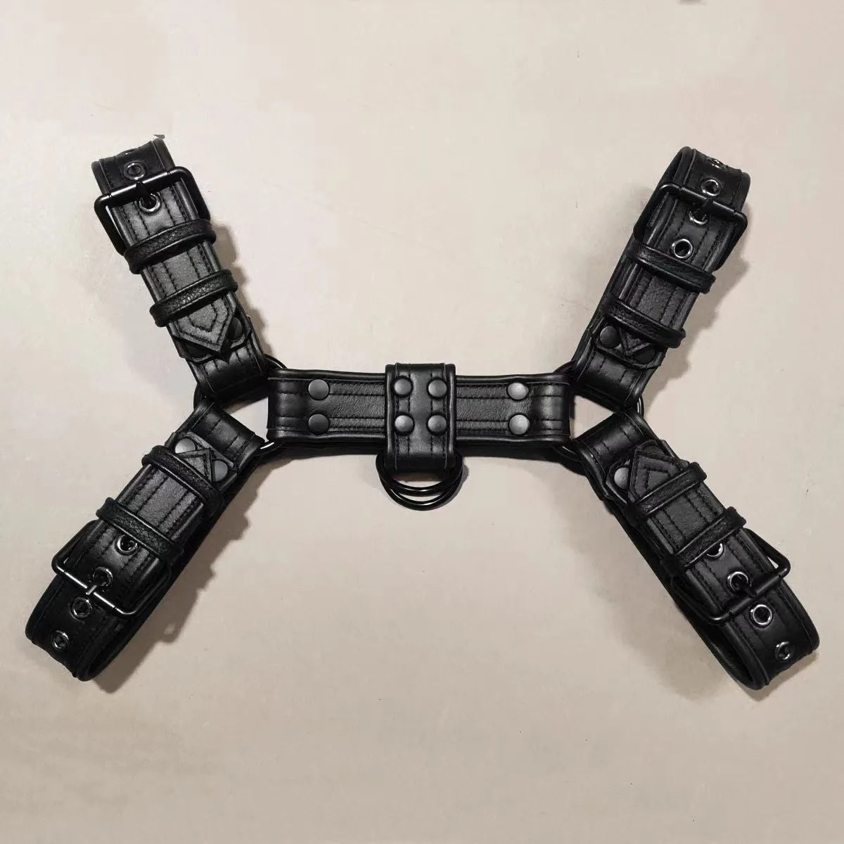 Black leather adjustable chest bondage strap with metal buckle for adult costume events