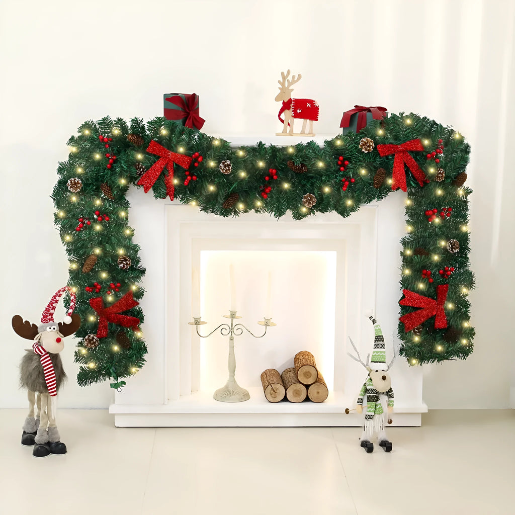 A modern European-style rattan Christmas cane decoration with a pine cone bow, available with different light options.