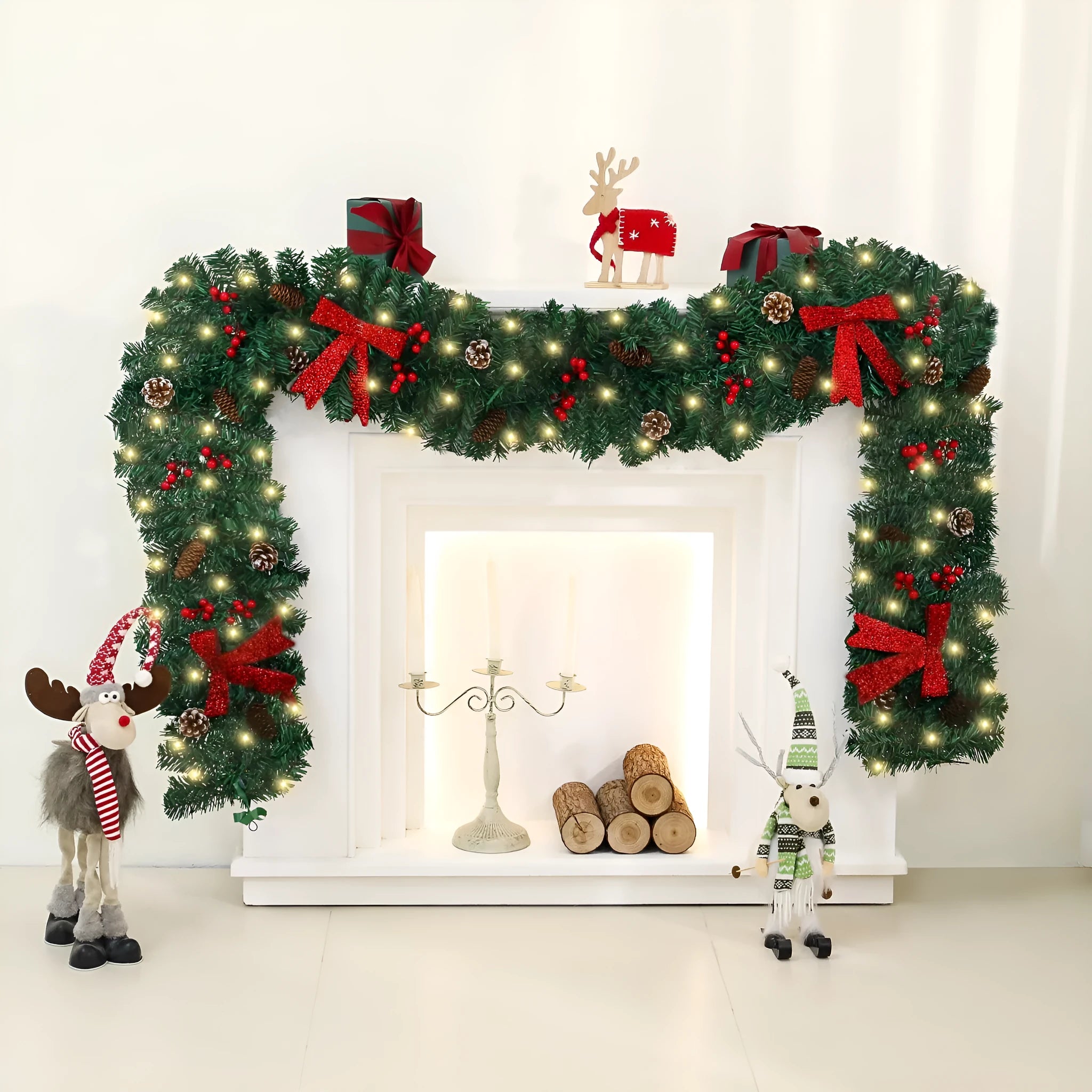 A modern European-style rattan Christmas cane decoration with a pine cone bow, available with different light options.