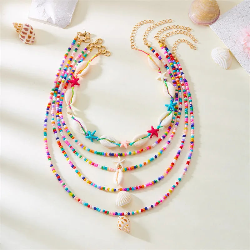 Multi-layer women's necklace set with starfish shell beads and adjustable chain