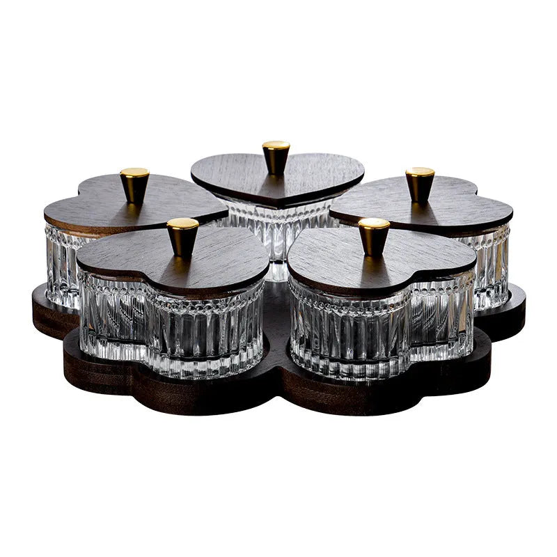 Glass snack platter with choice of 2, 3, 4, or 5 transparent heart-shaped bowls with lids on an irregular tray.