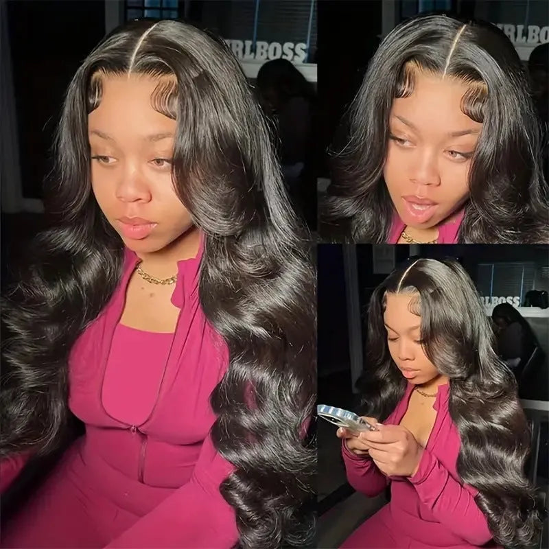 Black synthetic wig with large waves on a mannequin head, showing lace front detail.