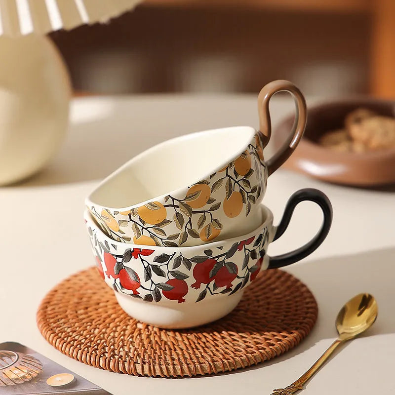 Antique style ceramic coffee cup and saucer set with medieval design in black or orange
