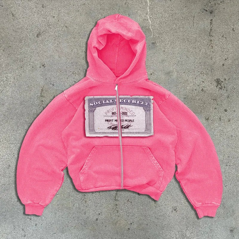 Unisex loose fit hooded zipper jacket in black, grey, or pink with a letter pattern and front pocket.