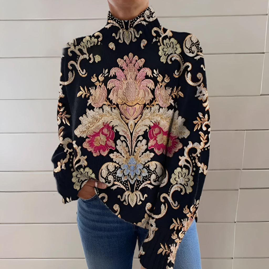 Black long sleeve turtleneck sweater with a 3D colour matching pattern, loose fit.
