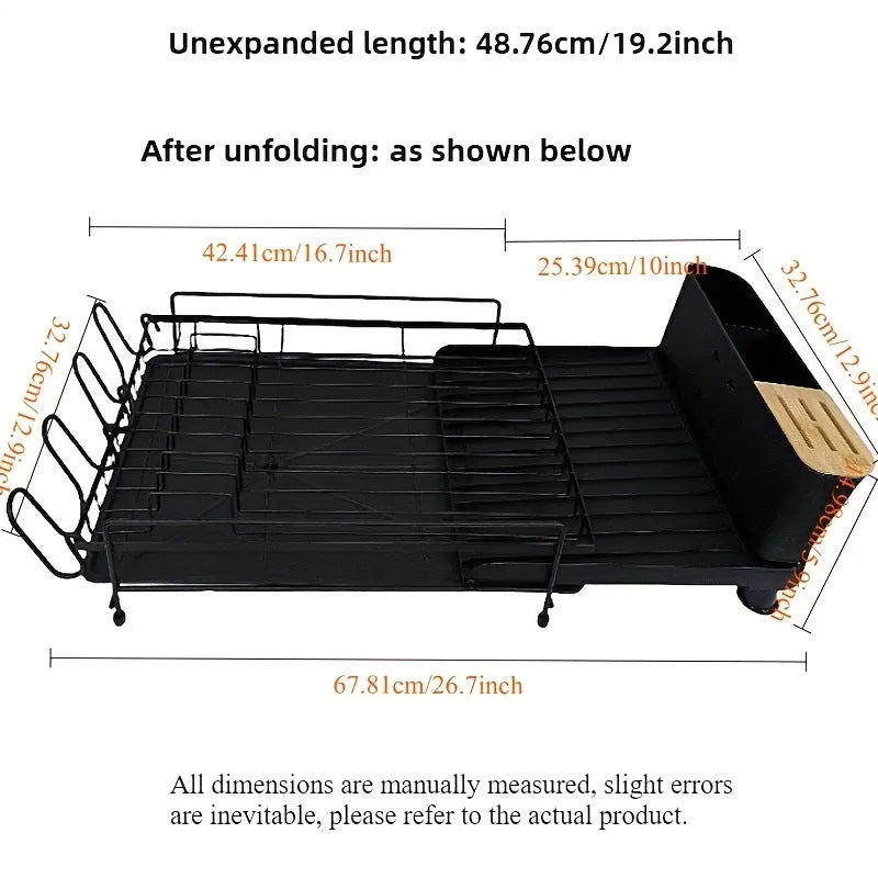 Foldable kitchen dish drain rack with retractable cutlery holder in carbon steel