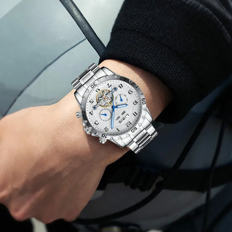 Men's silver steel automatic perpetual calendar watch with stainless steel strap and sapphire crystal