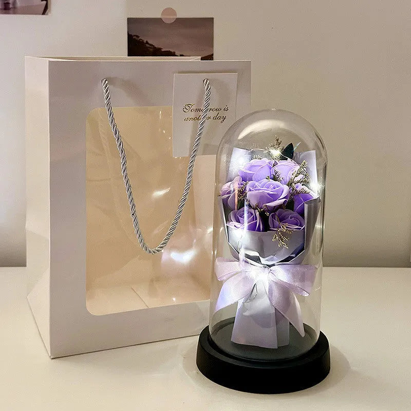 Formed bionic bouquet artificial silk flower arrangement in gradient light pink purple colour.