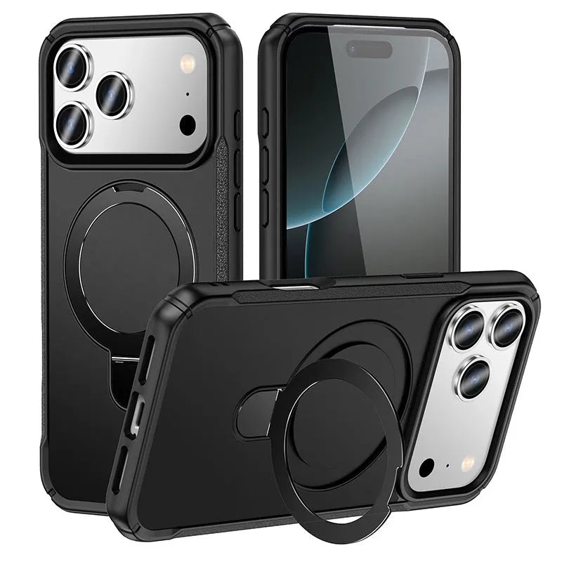 Metal magnetic bracket drop-resistant PC phone case for Samsung and iPhone, black frosted finish with integrated kickstand
