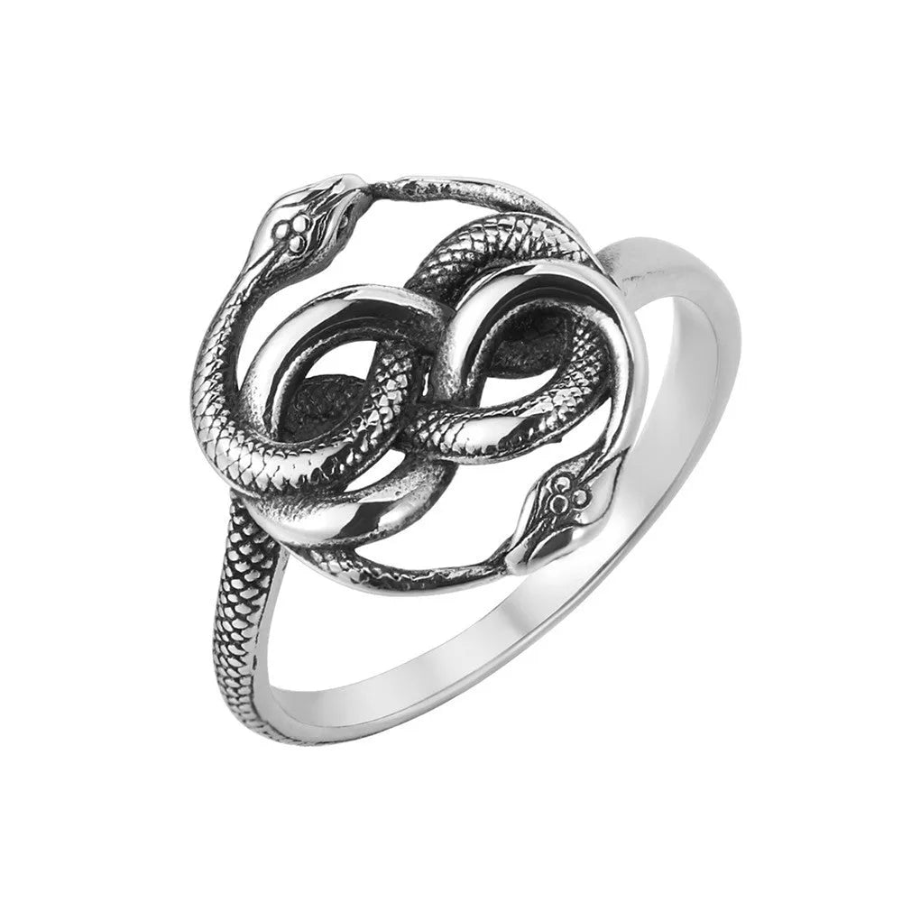 Titanium steel double snake ring with retro styling and cold wind pattern in steel colour