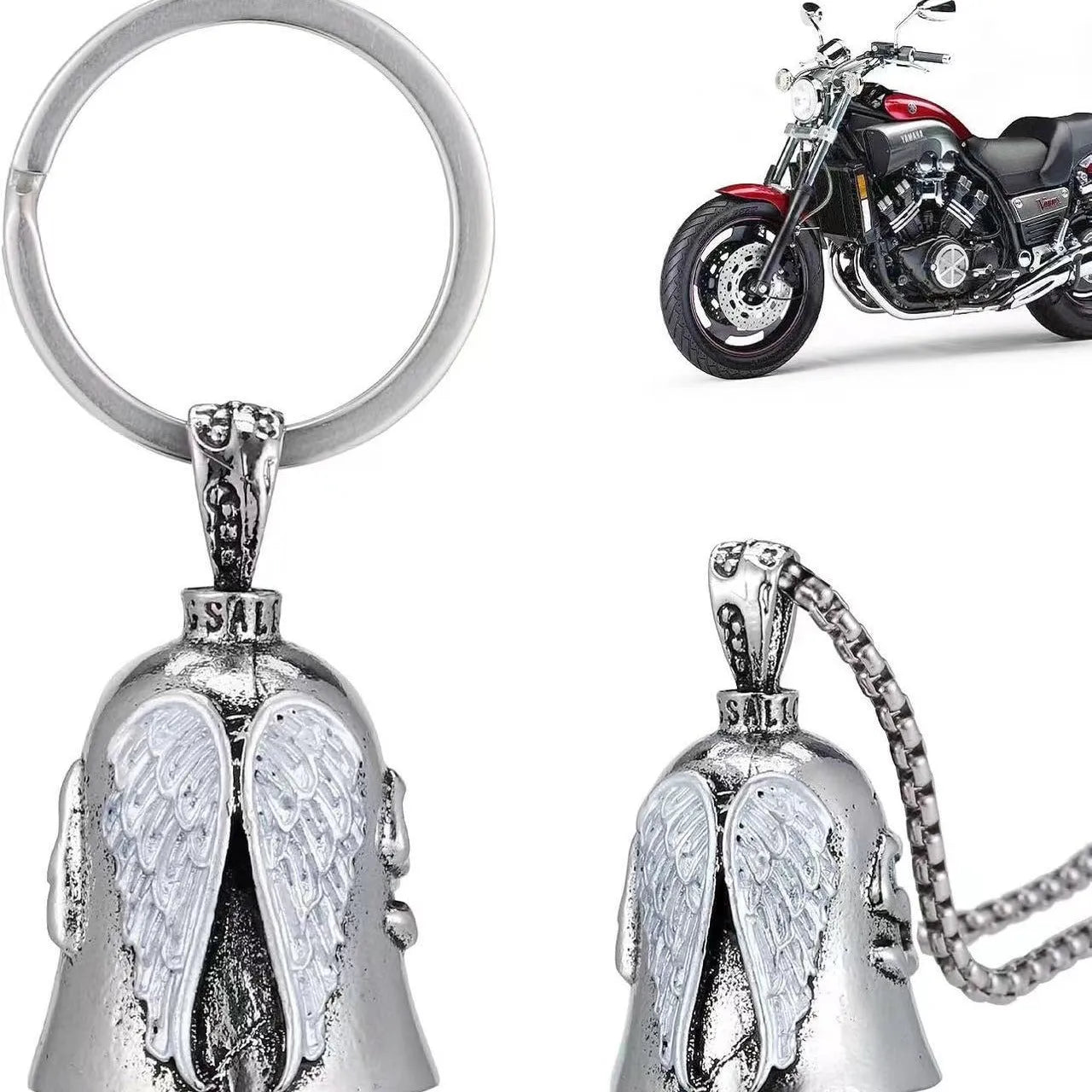 Angel white wings vintage feather design alloy necklace and keychain set with electroplated finish